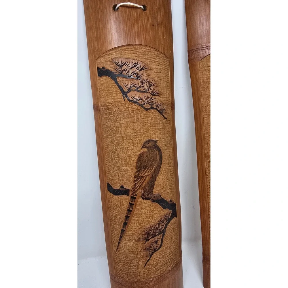 Vtg Japanese carved bamboo wall decor birds Wabi Sabi Boho Chic Eco-Friendly